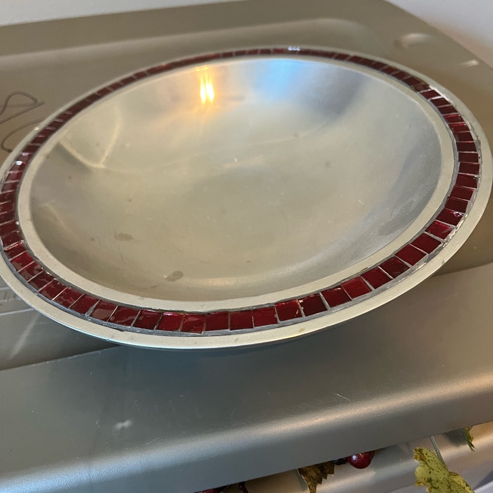 Silver Bowl with Red Mosaic Trim